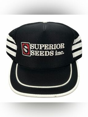 VTG Nissin Cap Superior Seed Inc Black & White 3 Striped Foam Mesh Snapback Hat
